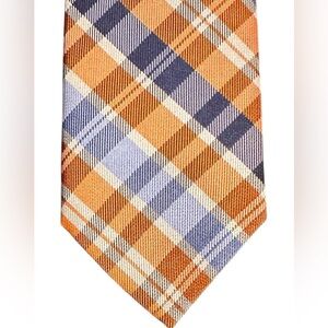 Class Club Gold Label 100% Silk Plaid Tie Orange Blue White 2.75” Wide Preppy